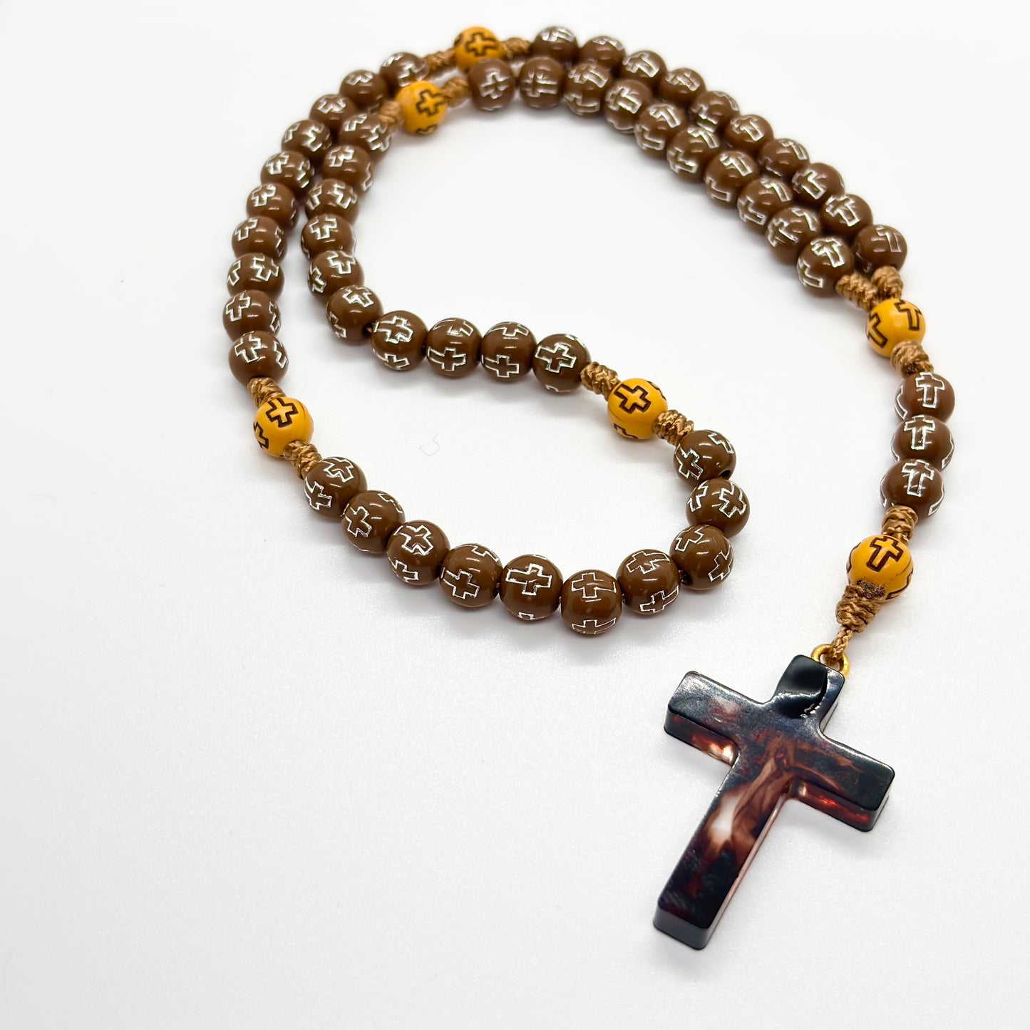 Rosario in corda - Croce in resina colorata