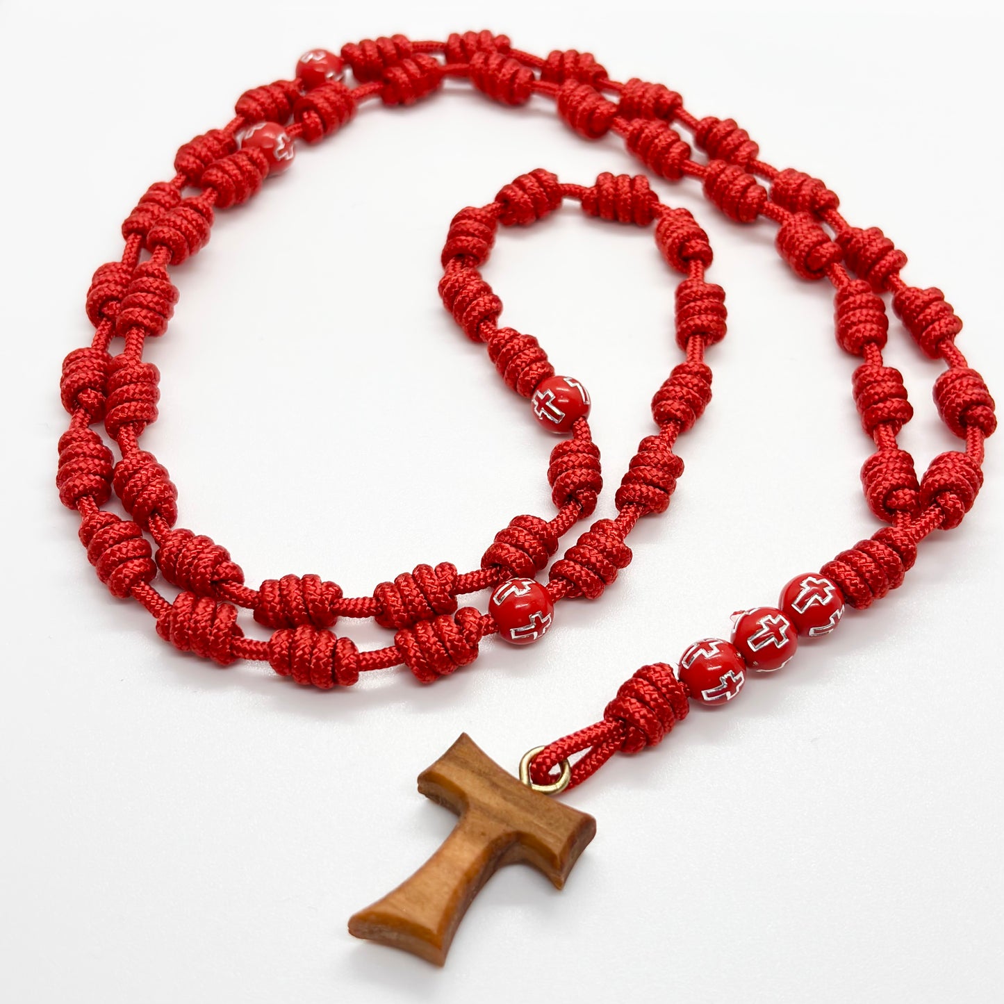Rosario con nodi - Rosso e croce Tau