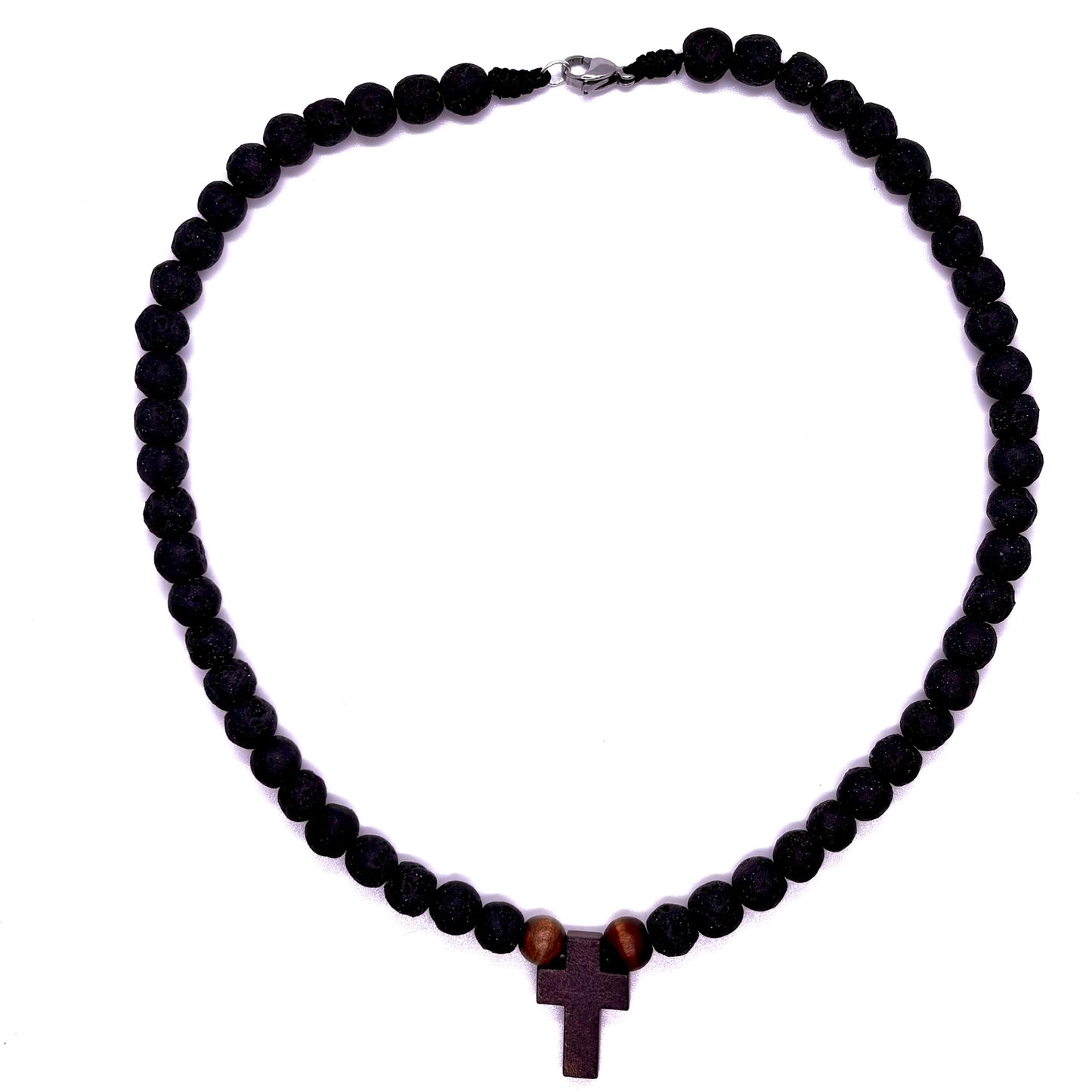 Collana in pietra lavica e croce in legno