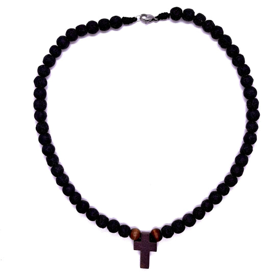Collana in pietra lavica e croce in legno