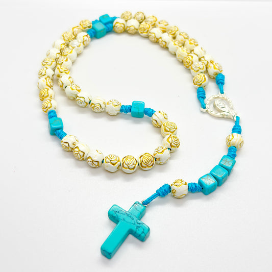 Rosario in corda - Madonna - croce turchese