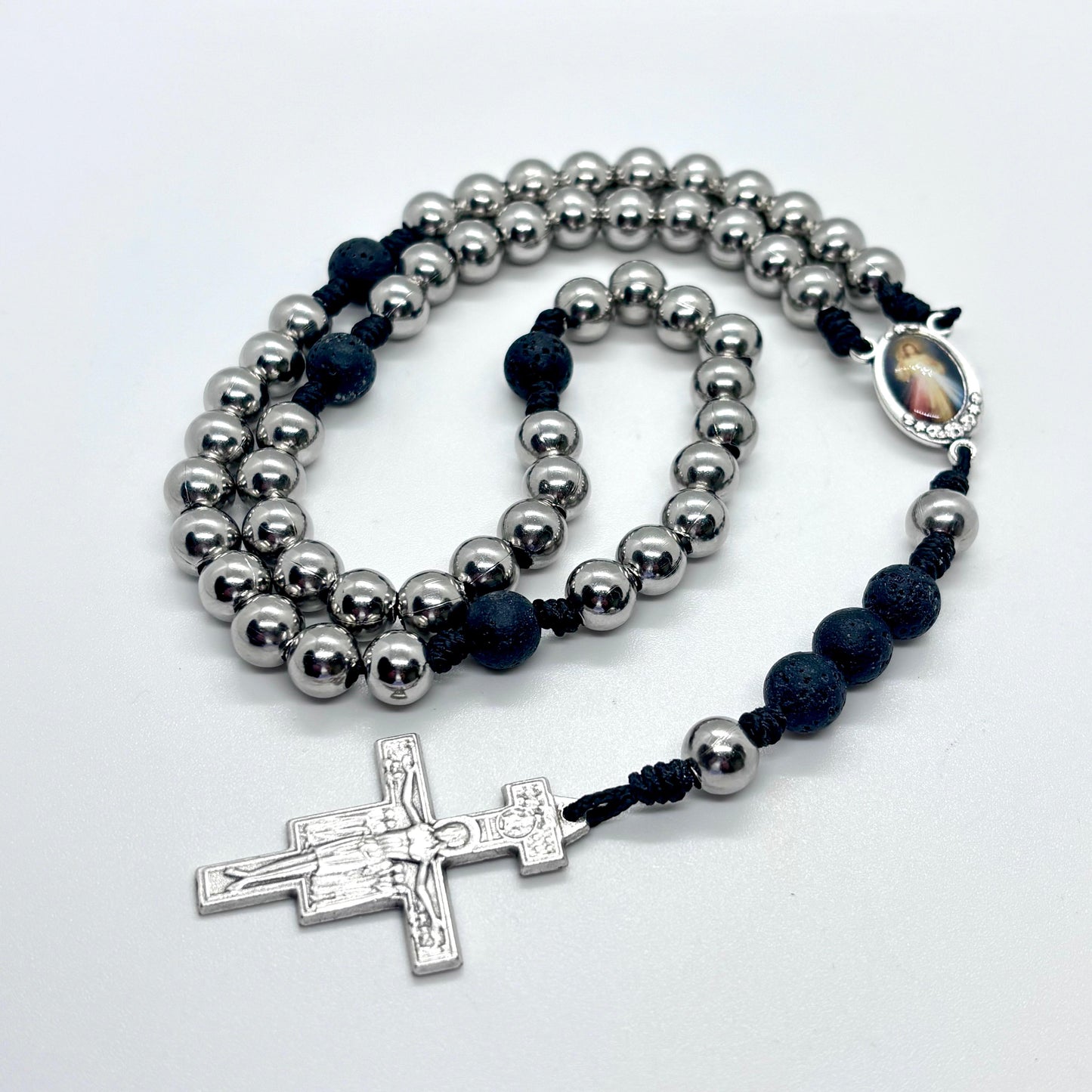 Rosario in acciaio e pietra lavica - Gesù Misericordioso