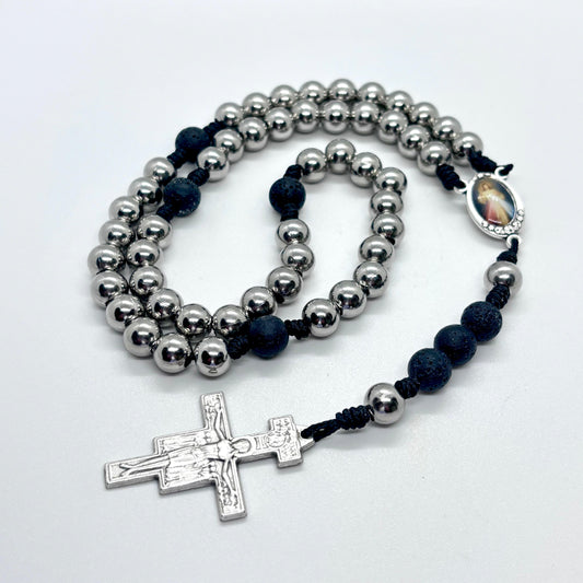 Rosario in acciaio e pietra lavica - Gesù Misericordioso